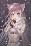  1girl animal_ears blush cat_ears daengdaeng duffel_coat elsword eve_(elsword) food gloves grey_coat hands_up holding holding_food long_coat long_hair long_sleeves looking_at_viewer scarf silver_hair snowing solo upper_body very_long_hair white_gloves white_scarf winter winter_clothes yellow_eyes 