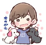  1girl :d akb48 black_eyes blue_shirt blush brown_hair chibi clothes_writing dog hands_up looking_at_viewer o_o okada_nana open_mouth polka_dot polka_dot_background poodle real_life shirt short_hair smile solid_circle_eyes solo song_name taneda_yuuta 