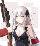  1girl :o armband bare_shoulders belt black_choker black_dress blush_stickers bolt_action breasts buttons choker cleavage collarbone detached_sleeves dress girls_frontline gun hair_ribbon highres holding holding_gun holding_weapon kar98k_(girls_frontline) keenh large_breasts long_hair looking_at_viewer mauser_98 parted_lips red_eyes ribbon scope solo sparkle sparkling_eyes symbol-shaped_pupils upper_body weapon white_hair wing_collar 
