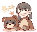  1girl :d ^_^ akb48 animal_costume artist_name bangs black_hair blush_stickers chibi closed_eyes closed_eyes fang kojima_mako long_hair mascot_costume mascot_head open_mouth paw_print raccoon_costume real_life simple_background sitting smile solo taneda_yuuta twintails white_background 