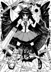  arm_cannon bird_wings black_hair black_legwear black_wings blackcat_(pixiv) bow breasts cape caution_tape chireiden control_rod dated dot_nose english_text frilled_shirt frills greyscale grin hair_bow loafers long_hair mismatched_footwear monochrome pointing pointing_up reiuji_utsuho shirt shoes short_sleeves single_shoe skirt smile starry_sky_print sun thigh-highs third_eye touhou v-shaped_eyebrows weapon wings zettai_ryouiki 