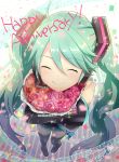  1girl ^_^ anniversary beamed_eighth_notes blue_hair blue_nails bouquet closed_eyes closed_eyes confetti crying detached_sleeves eighth_note english_text eyebrows_visible_through_hair fingernails flower from_above full_body happy happy_tears hatsune_miku headset holding holding_bouquet holding_flower kikuchi_mataha long_hair musical_note nail_polish quarter_note red_flower red_rose rose skirt smile solo sparkle tears text_focus thigh-highs twintails very_long_hair vocaloid 
