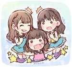  /\/\/\ 3girls akb48 aqua_dress bangs black_hair braid brown_hair character_name chibi commentary_request dress fang katou_rena kizaki_yuria long_hair mole mole_under_mouth multiple_girls ooshima_ryouka outstretched_arms real_life spread_arms star sweatdrop taneda_yuuta triangle_mouth v-shaped_eyebrows 