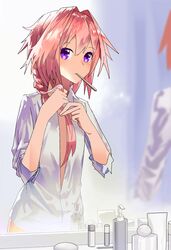  1boy adjusting_hair astolfo_(fate) blush braid braiding_hair fate/apocrypha fate/grand_order fate_(series) hair_over_shoulder hairdressing long_braid long_hair looking_at_viewer male_focus mirror mouth_hold multicolored_hair nanidato_(nanidat0) open_clothes open_shirt pink_hair shirt single_braid solo streaked_hair trap violet_eyes white_hair white_shirt 