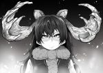  1girl animal_ears antlers breasts cardigan closed_mouth extra_ears eyebrows_visible_through_hair greyscale highres kemono_friends large_breasts long_hair long_sleeves looking_away looking_up monochrome moose_(kemono_friends) moose_ears scarf solo uneven_eyes upper_body yonyon_(yotayota_honpo) 