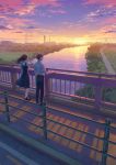  1boy 1girl black_hair bridge building city cityscape clouds cloudy_sky expressionless facing_away floating_hair full_body hand_in_hair hand_on_railing hiko_(scape) lake landscape loafers long_hair looking_away original outdoors pink_sky profile purple_sky railing road scenery school_uniform shadow shirt shoes short_hair skirt skirt_lift sky socks standing sun sunlight sunset transmission_tower tree white_legwear white_shirt 