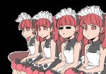  4girls apron bare_shoulders black_background black_dress bonnet closed_eyes commentary_request couch dress eyebrows_visible_through_hair gaijin_4koma hair_ribbon higa_norio interlocked_fingers jpeg_artifacts kemurikusa looking_to_the_side meme multiple_girls outline pink_ribbon red_eyes redhead ribbon rina_(kemurikusa) simple_background sitting sleeveless sleeveless_dress twintails v-shaped_eyebrows white_outline 