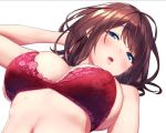  1girl arm_up baffu blue_eyes blush bra breasts brown_hair cleavage copyright_request eyebrows_visible_through_hair large_breasts lying navel on_back parted_lips red_bra short_hair simple_background solo sweat underwear white_background 