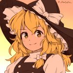  1girl :3 bangs blonde_hair bow breasts flat_color gradient gradient_background hair_ribbon hat hat_bow iamsako kirisame_marisa long_hair looking_at_viewer puffy_sleeves ribbon signature small_breasts smile solo touhou tress_ribbon upper_body vest wavy_hair white_bow witch_hat yellow_eyes 