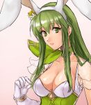  1girl animal_ears breasts bunnysuit cleavage eyebrows_visible_through_hair fire_emblem fire_emblem:_mystery_of_the_emblem fire_emblem:_shin_ankoku_ryuu_to_hikari_no_tsurugi fire_emblem_heroes flower gloves green_eyes green_hair hair_between_eyes hair_flower hair_ornament hairband hazuki_(nyorosuke) lips long_hair looking_at_viewer medium_breasts nintendo paola parted_lips pink_background rabbit_ears simple_background sketch sleeveless smile solo straight_hair upper_body white_gloves 