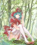  &gt;_&lt; 1girl adjusting_clothes adjusting_hat apple aqua_eyes aqua_hair basket bottle bow commentary cosplay dress dress_bow food frilled_dress frills fruit grapes hat hatsune_miku highres holding_legs little_red_riding_hood_(grimm) little_red_riding_hood_(grimm)_(cosplay) looking_at_viewer outdoors red_bow red_dress red_hood ribbon sitting smile solo sun_(sunsun28) thigh-highs tree vocaloid wolf yellow_ribbon 