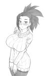  1girl blush boku_no_hero_academia bralines breasts commentary eyes_visible_through_hair greyscale large_breasts long_hair long_sleeves monochrome ponytail ribbed_sweater solo sweater twrlare v_arms yaoyorozu_momo 