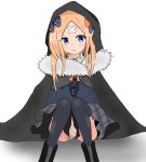  1girl :o abigail_williams_(fate/grand_order) atsumisu bangs between_legs black_bow black_cape black_footwear black_legwear black_skirt blonde_hair blue_eyes blush boots bow cape commentary_request crossed_bandaids dress_shirt eyebrows_visible_through_hair fate/grand_order fate_(series) fur_collar grey_skirt hair_bow hand_between_legs highres hood hood_up hooded_cape long_hair looking_at_viewer orange_bow parted_bangs parted_lips plaid plaid_skirt polka_dot polka_dot_bow shirt sitting skirt solo thigh-highs unmoving_pattern white_background 