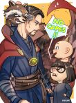  1girl 3boys ? animal_ears animal_nose artist_name avengers:_infinity_war avengers_(series) baby belt black-framed_eyewear black_dress black_eyes black_hair blonde_hair blue_eyes blue_shirt blue_vest blush border brown_belt brown_fur brown_hair checkered_cloak cloak closed_mouth crossover doctor_strange dress edna_mode english_commentary english_text facial_hair fang fangs glasses grey_hair hand_on_own_hip hand_up holding infinity_gems jewelry kadeart looking_at_another looking_down looking_up marvel marvel_cinematic_universe multicolored_hair multiple_boys necklace open_mouth orange_background outside_border raccoon raccoon_ears raccoon_tail red_cloak rocket_raccoon round_eyewear shirt short_hair simple_background smile speech_bubble spiky_hair standing sweatdrop tail tassel teeth the_incredibles two-sided_cloak two-sided_fabric two-tone_hair v-shaped_eyebrows vest white_border zipper 