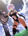  1girl absurdres black_gloves black_legwear black_leotard black_sun breasts cleavage clouds cloudy_sky elbow_gloves fate/grand_order fate_(series) from_below gloves grass hair_over_one_eye highres kneeling large_breasts lavender_hair leotard looking_at_viewer mash_kyrielight navel navel_cutout outdoors shield short_hair sky smile solo sun thigh-highs thigh_strap violet_eyes 
