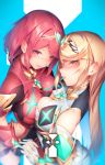  2girls armor bangs bare_shoulders blonde_hair blue_background blush breast_press breasts cleavage dress earrings fingerless_gloves gem gloves hair_ornament hand_holding head_tilt headpiece mythra_(xenoblade) pyra_(xenoblade) jewelry large_breasts long_hair looking_at_viewer multiple_girls neon_trim nintendo open_mouth peridot_(gemstone) red_eyes redhead ryuji_(ikeriu) short_hair shorts sidelocks signature simple_background smile swept_bangs symmetrical_docking tiara very_long_hair xenoblade_(series) xenoblade_2 yellow_eyes 