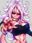  1girl android_21 android_21_(evil) bandeau bare_shoulders black_nails black_sclera bracelet breasts cleavage closed_mouth collarbone commentary_request curly_hair detached_sleeves dragon_ball dragon_ball_fighterz earrings flat_color grey_background hand_up hoop_earrings jewelry long_hair looking_at_viewer majin_android_21 medium_breasts monster_girl nail_polish navel neck_ring palms pink_skin red_eyes ring smile solo st62svnexilf2p9 tail upper_body very_long_hair white_hair 