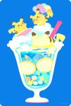  balloon blue_background creatures_(company) cup drinking_glass drinking_straw food fruit game_freak gen_1_pokemon lemon lemon_slice nintendo no_humans pikachu pokemon pokemon_(creature) rizu_(rizunm) simple_background smile surfboard surfing twitter_username 
