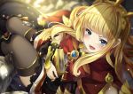  1boy 1girl bangs black_footwear black_legwear blonde_hair blue_eyes blunt_bangs blurry blurry_background blush book boots bow bracer cagliostro_(granblue_fantasy) cape carrying crown gloves granblue_fantasy highres hyouta_(yoneya) long_hair looking_at_viewer open_mouth solo_focus thigh-highs white_gloves 