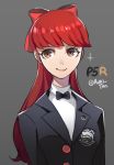  1girl black_jacket blazer bow brown_eyes closed_mouth copyright_name grey_background hair_bow jacket kuki_tan long_hair persona persona_5 persona_5_the_royal red_bow redhead shuujin_academy_uniform simple_background smile twitter_username upper_body 