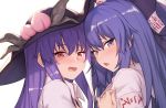  2girls bangs black_headwear blue_bow blue_eyes blue_hair blush bow commentary_request debt eyebrows_visible_through_hair food fruit grey_hoodie hair_between_eyes hair_bow hinanawi_tenshi hood hoodie ibuki_notsu leaf long_hair looking_at_viewer multiple_girls open_mouth peach portrait purple_hair red_eyes shirt short_sleeves sidelocks simple_background touhou white_background white_shirt wing_collar yorigami_shion 