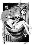  1girl bare_legs barefoot blackcat_(pixiv) bucket chireiden constricted_pupils dated expressionless eyelashes greyscale hair_between_eyes holding_skull in_bucket in_container kisume looking_at_viewer medium_hair monochrome robe rope sitting skull touhou twintails wooden_bucket 