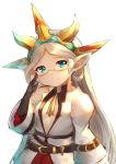  1girl absurdres adjusting_eyewear belt breasts center_opening glasses granblue_fantasy green_eyes hairband harvin highres long_hair pointy_ears small_breasts smile very_long_hair white_hair zahlhamelina 