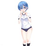  1girl :d absurdres black_legwear blue_buruma blue_eyes blue_hair blush breasts buruma eyebrows_visible_through_hair gym_uniform hair_between_eyes hair_ornament highres kneehighs looking_at_viewer medium_breasts open_mouth re:zero_kara_hajimeru_isekai_seikatsu rem_(re:zero) sainohikari shiny shiny_hair shiny_skin shirt short_hair short_sleeves simple_background smile solo standing white_background white_shirt x_hair_ornament 