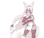  1girl absurdres animal_ear_fluff animal_ears bandage bandaged_arm bandaged_leg bandages bangs braid breasts cape commentary dark_skin english_commentary facial_scar fox_ears fox_tail greyscale hair_between_eyes highres large_breasts large_tail long_hair looking_away looking_to_the_side mana_(sub-res) monochrome original pelvic_curtain scar sketch solo sub-res tail 