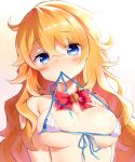  1girl bikini_top blonde_hair blue_eyes blush bow bowtie breasts commentary_request eyebrows_visible_through_hair hair_between_eyes highres long_hair looking_at_viewer medium_breasts mouth_hold neit_ni_sei nijisanji otogibara_era red_neckwear solo upper_body virtual_youtuber 