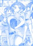  1girl 3koma 6+boys bangs baseball_bat baseball_cap baseball_glove baseball_uniform blue_theme bouncing_breasts breasts cheer-chan_(tawawa) comic commentary getsuyoubi_no_tawawa hat himura_kiseki large_breasts multiple_boys panties ponytail shorts sportswear surprised television umpire underwear 