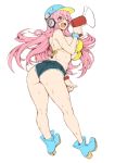  1girl absurdres angelo_(gomahangetsu) ass baseball_cap bikini blush breasts cleavage denim denim_shorts guitar hat headphones headset highres instrument kneepits large_breasts long_hair megaphone midriff navel nitroplus pink_eyes pink_hair short_shorts shorts skindentation smile solo standing super_sonico swimsuit 