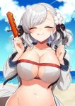  1girl alternate_costume bangs bare_shoulders beach bikini black_ribbon blue_sky blush breasts center_opening cleavage closed_eyes clouds collarbone day eating eyebrows_visible_through_hair facing_viewer food full_mouth girls_frontline groin hair_ornament hair_ribbon hands_up highres holding holding_food jacket kinsenka_momi large_breasts long_hair navel ocean open_clothes open_jacket outdoors ribbon sand silver_hair sky smile solo spas-12_(girls_frontline) sweat swimsuit tongue tongue_out twintails 
