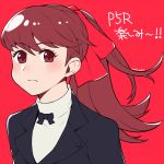  1girl acronym black_jacket blazer blush bow brown_eyes closed_mouth do_m_kaeru jacket long_hair persona persona_5 persona_5_the_royal ponytail red_background red_bow redhead shuujin_academy_uniform simple_background translation_request upper_body 