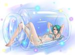  1girl armpits ass barefoot blue_eyes bottle breasts commentary_request green_hair highres long_hair medium_breasts navel original peiyu_zhou smile solo water 