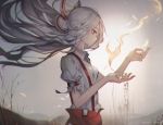  1girl arm_belt artist_name baggy_pants bare_tree blouse blurry bow closed_mouth collared_shirt depth_of_field facing_away fire floating_hair fujiwara_no_mokou grey_sky hair_bow highres huge_filesize long_hair ofuda pants red_eyes red_pants shirt silver_hair solo sparks suspenders torn_clothes torn_sleeves touhou tree unity_(ekvmsp02) very_long_hair white_blouse white_bow white_shirt 