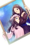  bare_shoulders bella_lisa blue_eyes brown_hair cis05 dual_persona fate/grand_order fate_(series) head_wreath leonardo_da_vinci_(fate/grand_order) long_hair mona_lisa_(fate/grand_order) one_eye_closed picture_frame star starry_background veil 