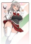  1girl alcohol black_footwear black_panties bottle bow breasts brown_eyes commentary_request corset cup drinking_glass drunk eyebrows_visible_through_hair flush grey_hair hair_between_eyes hat heart highres holding holding_cup kantai_collection long_hair looking_at_viewer mini_hat miniskirt open_mouth panties pola_(kantai_collection) red_bow red_neckwear ryuun_(stiil) shirt side-tie_panties skindentation skirt smile solo thick_eyebrows thigh-highs underwear v wavy_hair white_legwear white_shirt wine wine_bottle wine_glass 