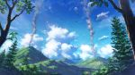  animal bird blue_sky clouds cloudy_sky commentary_request day mountain mountainous_horizon nature no_humans official_art outdoors scenery shiki_makoto sky smoke tree urashimasakatasen volcano 