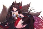  1girl akagi_(azur_lane) animal_ears ass azur_lane bangs black_gloves black_kimono black_legwear blunt_bangs breasts cleavage collarbone eyeliner fox_ears fox_girl fox_tail gloves hair_tubes hakama_skirt highres japanese_clothes kaiend kimono kitsune large_breasts long_hair makeup microskirt multiple_tails obi parted_lips partly_fingerless_gloves red_eyes red_skirt ribbon-trimmed_sleeves ribbon_trim sash shirt sitting skirt smile solo tail thigh-highs underbust very_long_hair white_kimono white_shirt wide_sleeves 