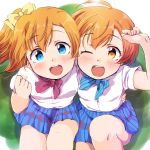  2girls :d ;d ahoge arm_around_waist bangs blue_eyes blue_neckwear blue_skirt blush bow bowtie clenched_hand from_above hair_bow hand_on_own_head hand_up highres hoshizora_rin looking_at_viewer looking_up love_live! love_live!_school_idol_project miniskirt multiple_girls one_eye_closed one_side_up open_mouth orange_hair otonokizaka_school_uniform plaid plaid_skirt pleated_skirt red_neckwear school_uniform sen_(sen0910) shirt short_hair short_sleeves sitting skirt smile striped striped_neckwear white_shirt wrist_extended yellow_bow yellow_eyes 
