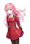  1girl absurdres artist_request breasts candy cowboy_shot darling_in_the_franxx food green_eyes hair_between_eyes highres lollipop long_hair looking_at_viewer medium_breasts necktie pink_hair solo white_background yellow_neckwear zero_two_(darling_in_the_franxx) 