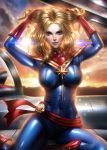  1girl ayya_saparniyazova blonde_hair blue_eyes bodysuit breasts captain_marvel carol_danvers hands_in_hair impossible_bodysuit impossible_clothes large_breasts looking_at_viewer marvel skin_tight tagme wavy_hair 