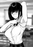  1girl arm_behind_head arm_up armpits blurry blurry_background blush breasts buttons classroom gentsuki greyscale highres large_breasts long_hair looking_at_viewer mole mole_under_eye monochrome original shirt shirt_tucked_in short_sleeves skirt solo upper_body 