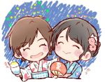  2girls :&gt; :d ^_^ akb48 black_hair blue_kimono blush_stickers brown_hair character_name chibi closed_eyes closed_eyes commentary_request fan flower hair_bun hair_flower hair_ornament holding holding_fan japanese_clothes kimono long_sleeves mole mole_under_mouth multiple_girls murayama_yuiri obi okada_nana open_mouth paper_fan real_life sash shaved_ice short_hair smile taneda_yuuta uchiwa upper_body 