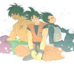  3boys armor back-to-back black_eyes black_hair boots broly_(dragon_ball_super) bubble commentary_request dark_skin dougi dragon_ball dragon_ball_super_broly dragonball_z fingernails frown full_body gloves hand_on_own_knee legs_crossed looking_at_viewer looking_away male_focus multiple_boys pi_ne_t profile purple_legwear scar serious shirtless short_hair simple_background sitting smile son_gokuu spiky_hair vegeta white_background white_gloves wristband 
