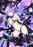  1girl black_background black_legwear breasts highres kazuneko_(wktk1024) looking_at_viewer navel neptune_(series) purple_hair purple_heart_(chaos_form) smile tattoo violet_eyes 