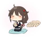  1girl :3 blush braid brown_hair chibi closed_eyes fingerless_gloves gloves hair_ornament kantai_collection katsuobushi_(eba_games) seiza shigure_(kantai_collection) single_braid sitting solo 