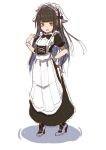  1girl apron bangs black_bow black_hair blunt_bangs bow bowtie brown_eyes full_body hand_up high_heels imouto_meido long_hair maid maid_headdress official_art open_mouth scrunchie short_sleeves simple_background sketch solo standing very_long_hair white_background wrist_scrunchie 