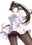  1girl animal_ears arms_behind_back azur_lane black_hair black_legwear bow breasts brown_eyes closed_mouth crotch_seam eyebrows_visible_through_hair floating_hair from_below hair_flaps high_ponytail highres large_breasts long_ponytail looking_at_viewer looking_down military military_uniform panties panties_under_pantyhose pantyhose simple_background skirt solo standing takao_(azur_lane) theta_(ponkotsu_works) thighband_pantyhose underwear uniform white_background white_bow white_panties white_skirt 